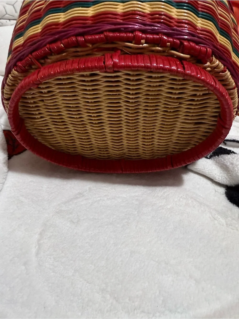 Patricia Nash Red & Natural Woven Round Straw Tote with Brown Leather Trim